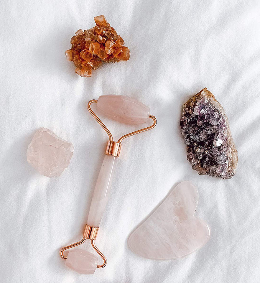 celluvac rose quartz facial roller gua sha combo